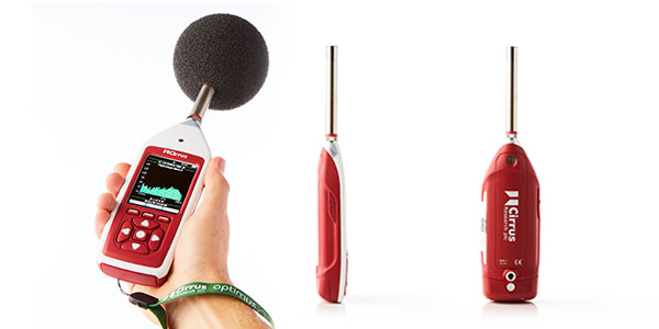 An image showing front, side and back views of the Optimus+ Green environmental sound level meter